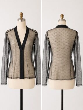 Black Sheer Mesh Tulle Dainty Polka Dot Lace V-Neck Cardigan Y2K Romantic Sz M/L